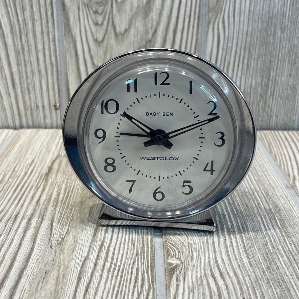 Westclox Baby Ben Wind Up Alarm Clock Chrome White Face 0705 Mechanical Vintage